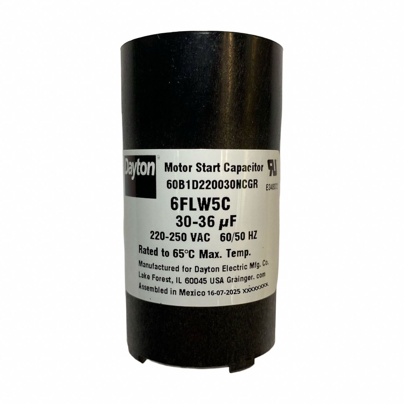 Motor Start Capacitor: Round, 2 3/4 in Case Ht, 1 7/16 in Dia, 220-250V AC, 30-36 MFD, 6FLW5