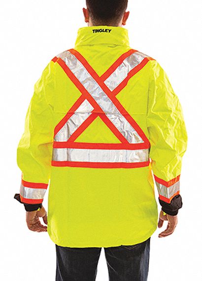Rain Jacket: X, 2XL, Fluorescent Yellow-Green/Black, Zipper with Storm Flap, 5 Pockets