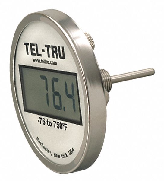 Thread-Mounted Digital Thermometer: Back, -75° to 750°F, 1/2 in NPT, 9 in  Stem Lg, IP66