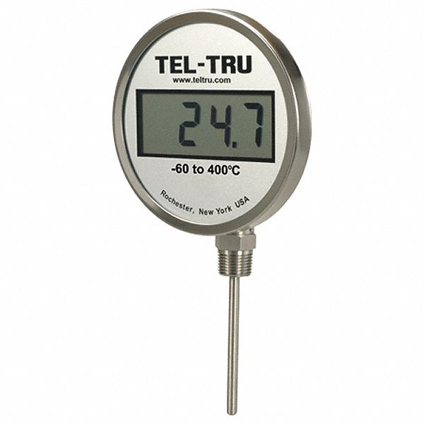 Thread-Mounted Digital Thermometer: Bottom, -75° to 750°F, 1/2 in NPT, 2.5  in Stem Lg, IP66