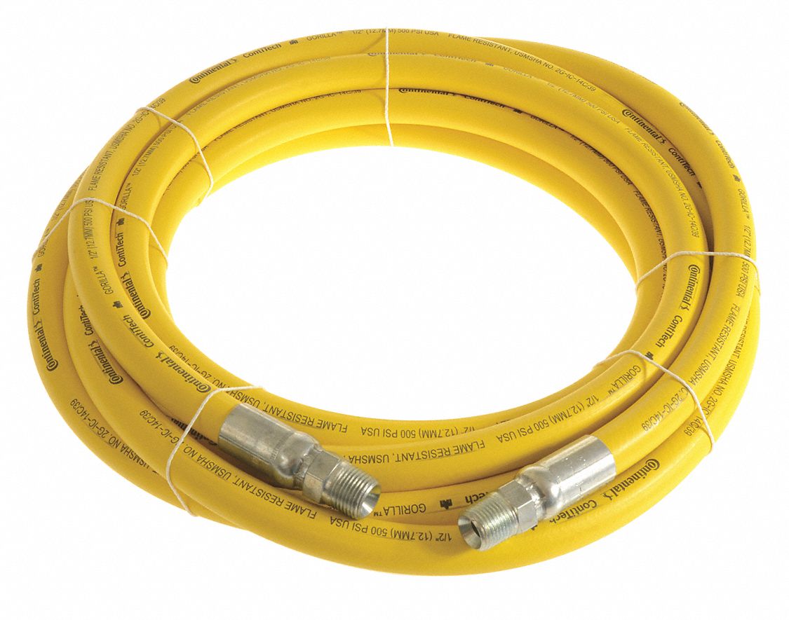 AIR HOSE, ½ IN INSIDE DIAMETER, YELLOW, BRASS 1/2 IN MNPT X BRASS 1/2 IN MNPT, 15 FT L