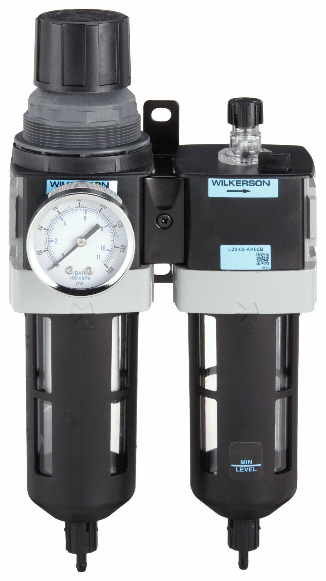 Filter/Regulator/Lubricator: 3/8 in NPT, 110 cfm, 150 psi Max Op Pressure, 5 micron