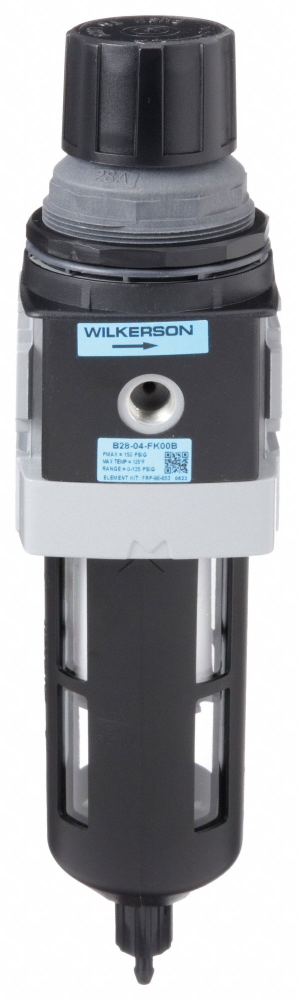 Filter-Regulator: B28 Series, 1/2 in NPT, 200 cfm, 5 micron, 0 psi to 125 psi, Aluminum