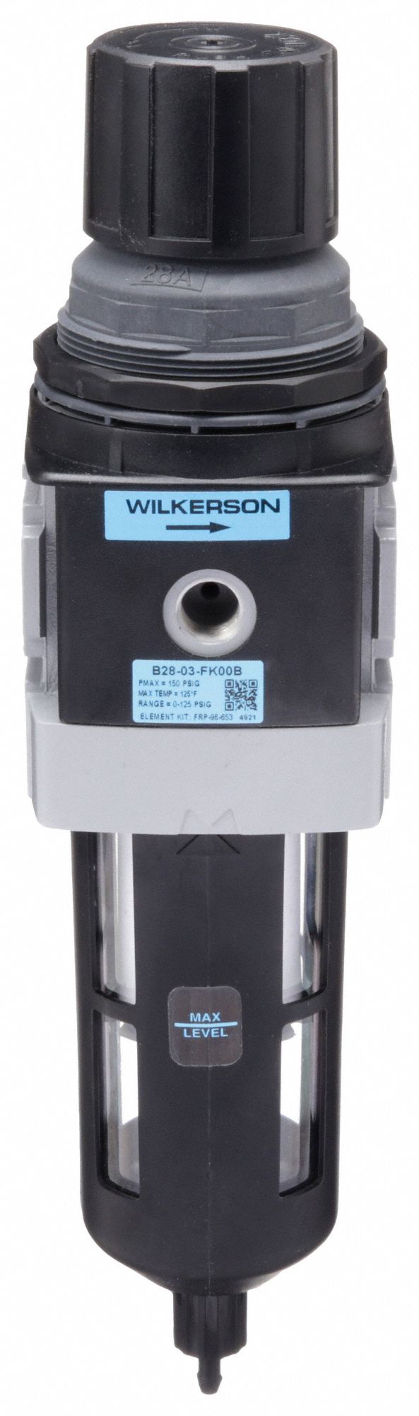 Filter-Regulator: B28 Series, 3/8 in NPT, 200 cfm, 5 micron, 0 psi to 125 psi, Aluminum