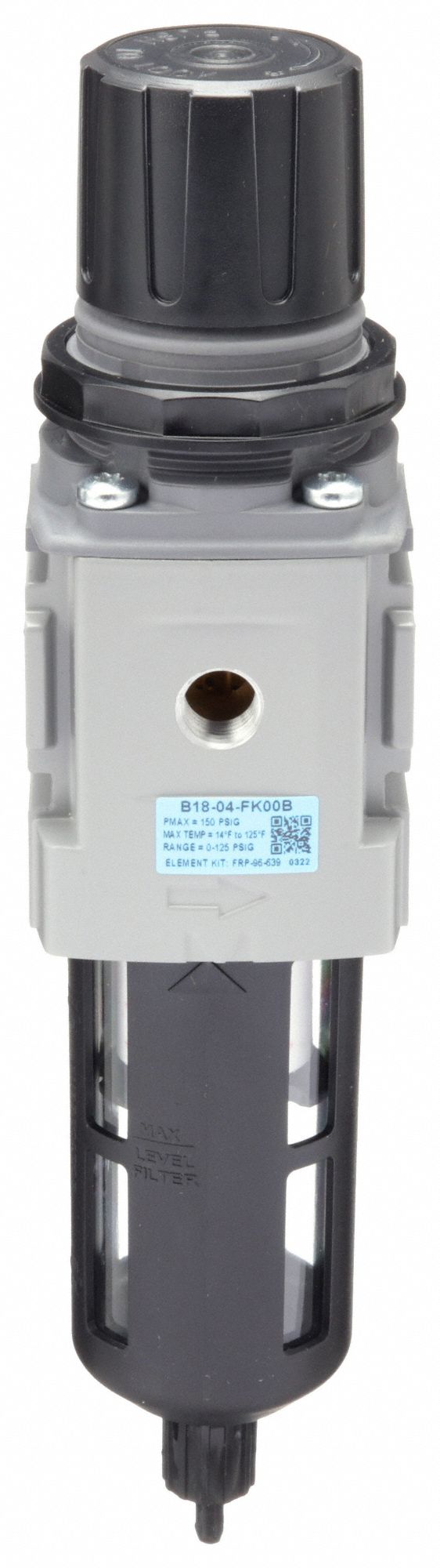 Filter-Regulator: B18 Series, 1/2 in NPT, 164 cfm, 5 micron, 0 psi to 125 psi, Aluminum