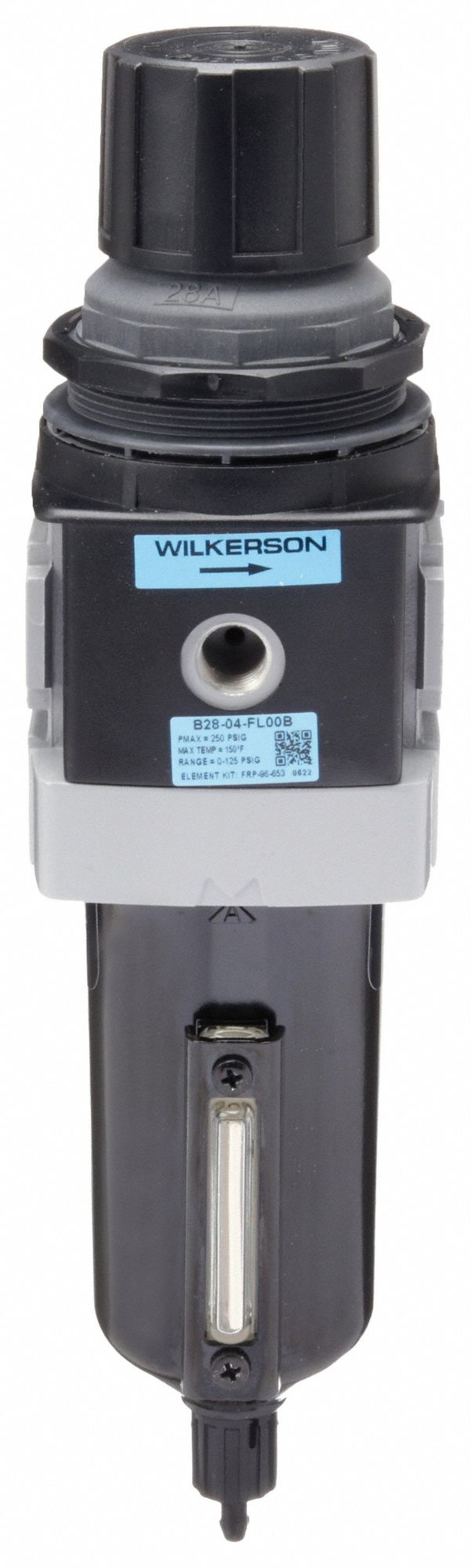 Filter-Regulator: B28 Series, 1/2 in NPT, 200 cfm, 5 micron, 0 psi to 125 psi, Aluminum