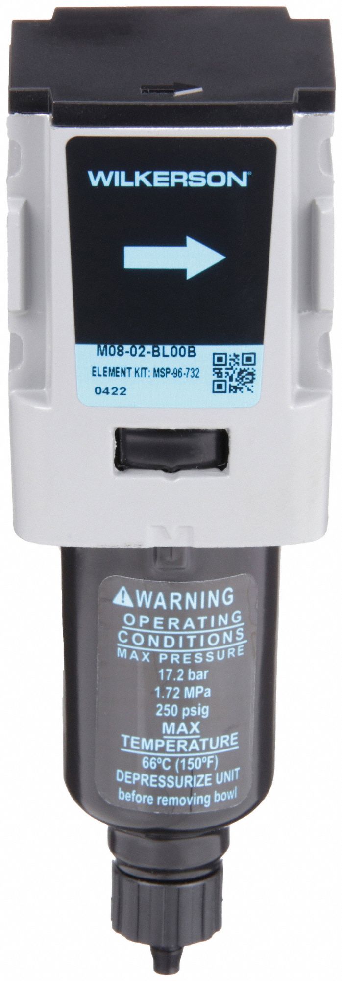 Compressed Air Filter: Coalescing, 1/4 in NPT, 0.5 micron, 12.7 cfm, Metal Bowl, M08