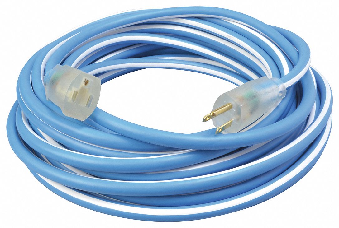 EXTENSION CORD, 100 FT CORD, 12 AWG WIRE SIZE, 12/3, SJEOW, NEMA 5-15P, BLUE/WHITE