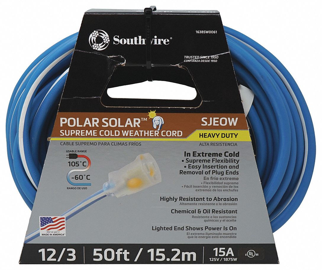 EXTENSION CORD, 50 FT CORD, 12 AWG WIRE SIZE, 12/3, SJEOW, NEMA 5-15P, BLUE/WHITE