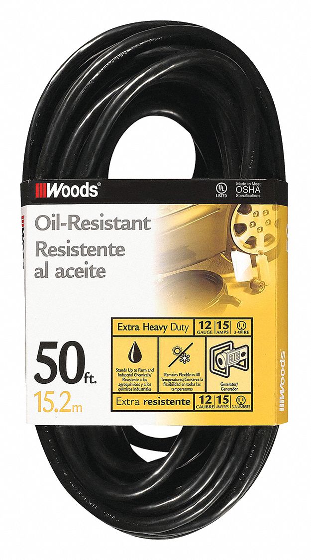 Extension Cord: 50 ft Cord Lg, 12 AWG Wire Size, 12/3, SJTOW, NEMA 5-15P, Black, 1 Outlets