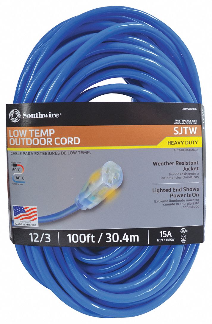 SOUTHWIRE, 100 ft Cord Lg, 12 AWG Wire Size, Extension Cord 55CW40