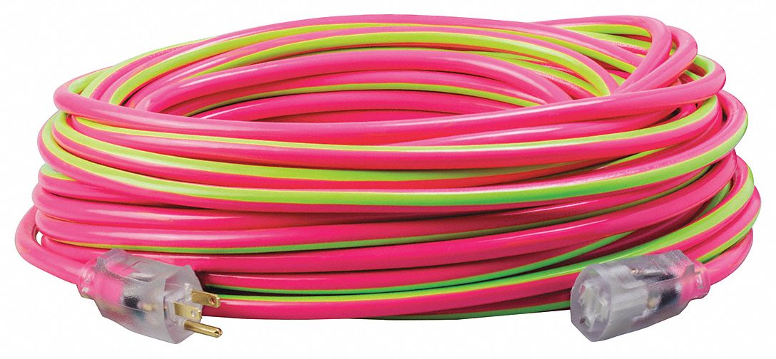 Extension Cord: 100 ft Cord Lg, 12 AWG Wire Size, 12/3, SJTW, NEMA 5-15P, Pink/Lime Green