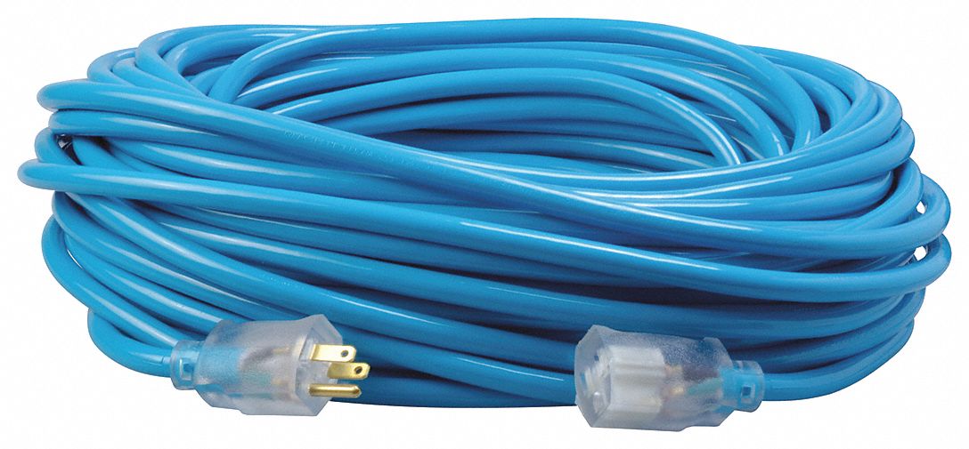 Extension Cord: 100 ft Cord Lg, 12 AWG Wire Size, 12/3, SJTW, NEMA 5-15P, Blue, 1 Outlets