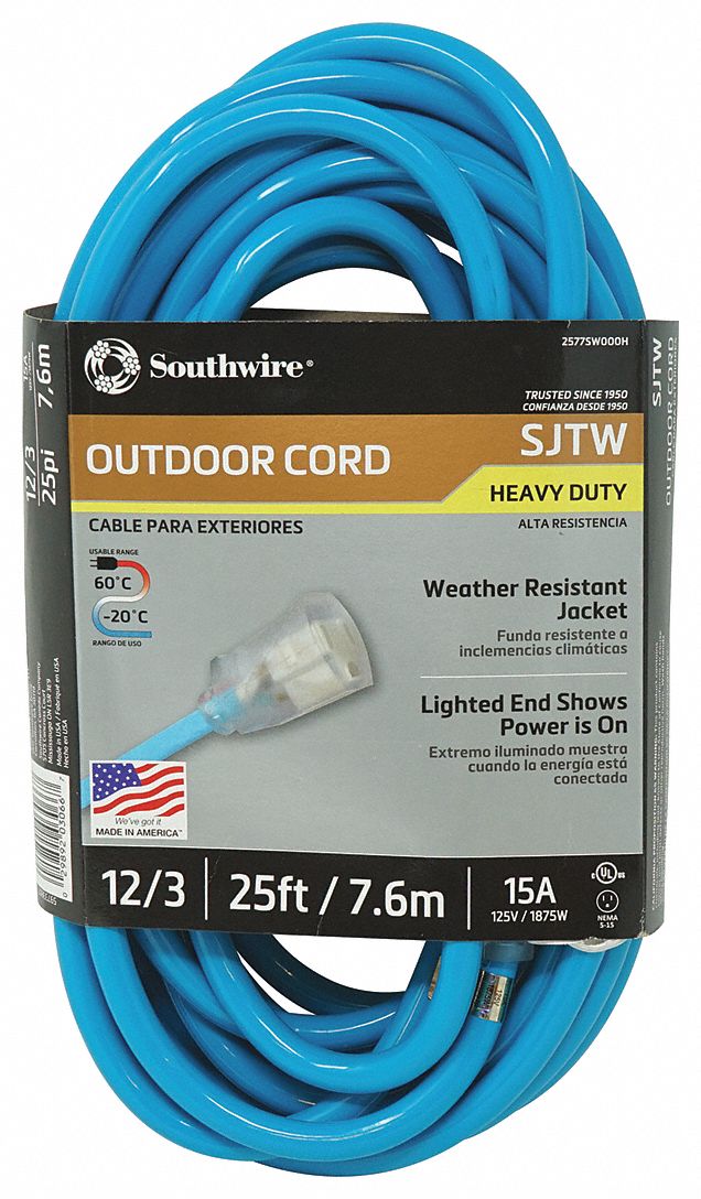 Extension Cord: 25 ft Cord Lg, 12 AWG Wire Size, 12/3, SJTW, NEMA 5-15P, Blue, 1 Outlets