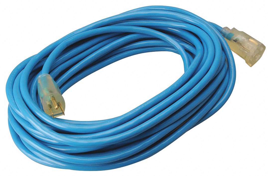 Extension Cord: 50 ft Cord Lg, 12 AWG Wire Size, 12/3, SJTW, NEMA 5-15P, Blue, 1 Outlets
