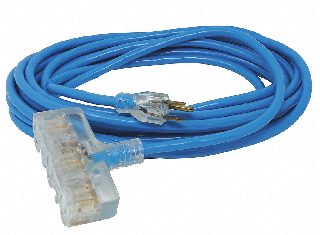 Extension Cord: 50 ft Cord Lg, 12 AWG Wire Size, 12/3, SJTW, NEMA 5-15P, Blue, 3 Outlets