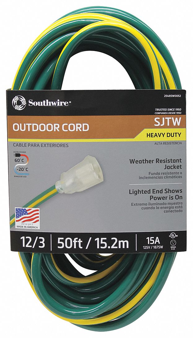 SOUTHWIRE, 50 ft Cord Lg, 12 AWG Wire Size, Extension Cord 55CW61