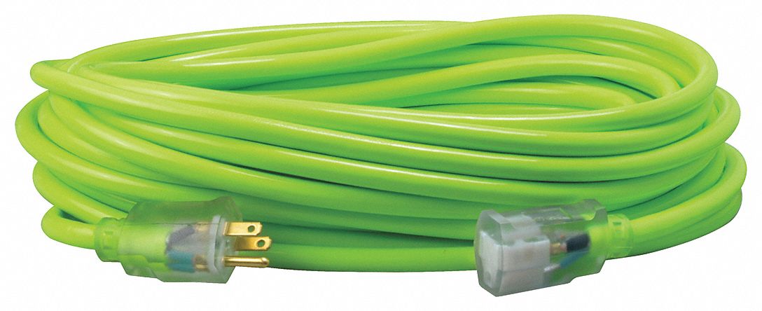 Extension Cord: 50 ft Cord Lg, 12 AWG Wire Size, 12/3, SJTW, NEMA 5-15P, Green, 1 Outlets