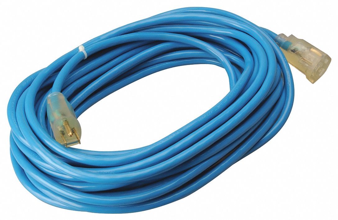 Extension Cord: 50 ft Cord Lg, 14 AWG Wire Size, 14/3, SJTW, NEMA 5-15P, Blue, 1 Outlets