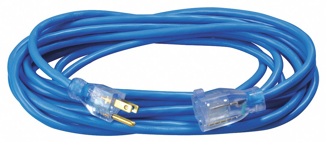 Extension Cord: 25 ft Cord Lg, 16 AWG Wire Size, 16/3, SJTW, NEMA 5-15P, Blue, 1 Outlets