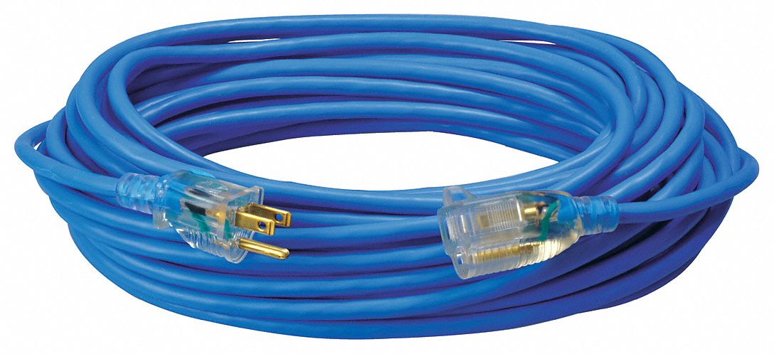 Extension Cord: 50 ft Cord Lg, 16 AWG Wire Size, 16/3, SJTW, NEMA 5-15P, Blue, 1 Outlets