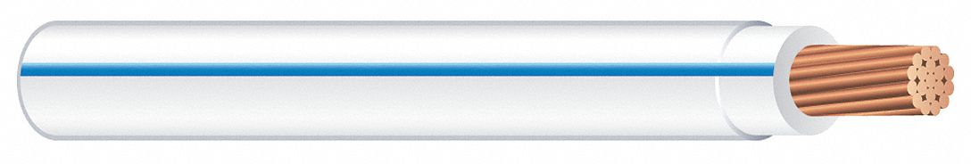 Building Wire: Copper, 10 AWG, 1 Conductors, Stranded, White/Blue, 1, 250 ft Lg, THHN