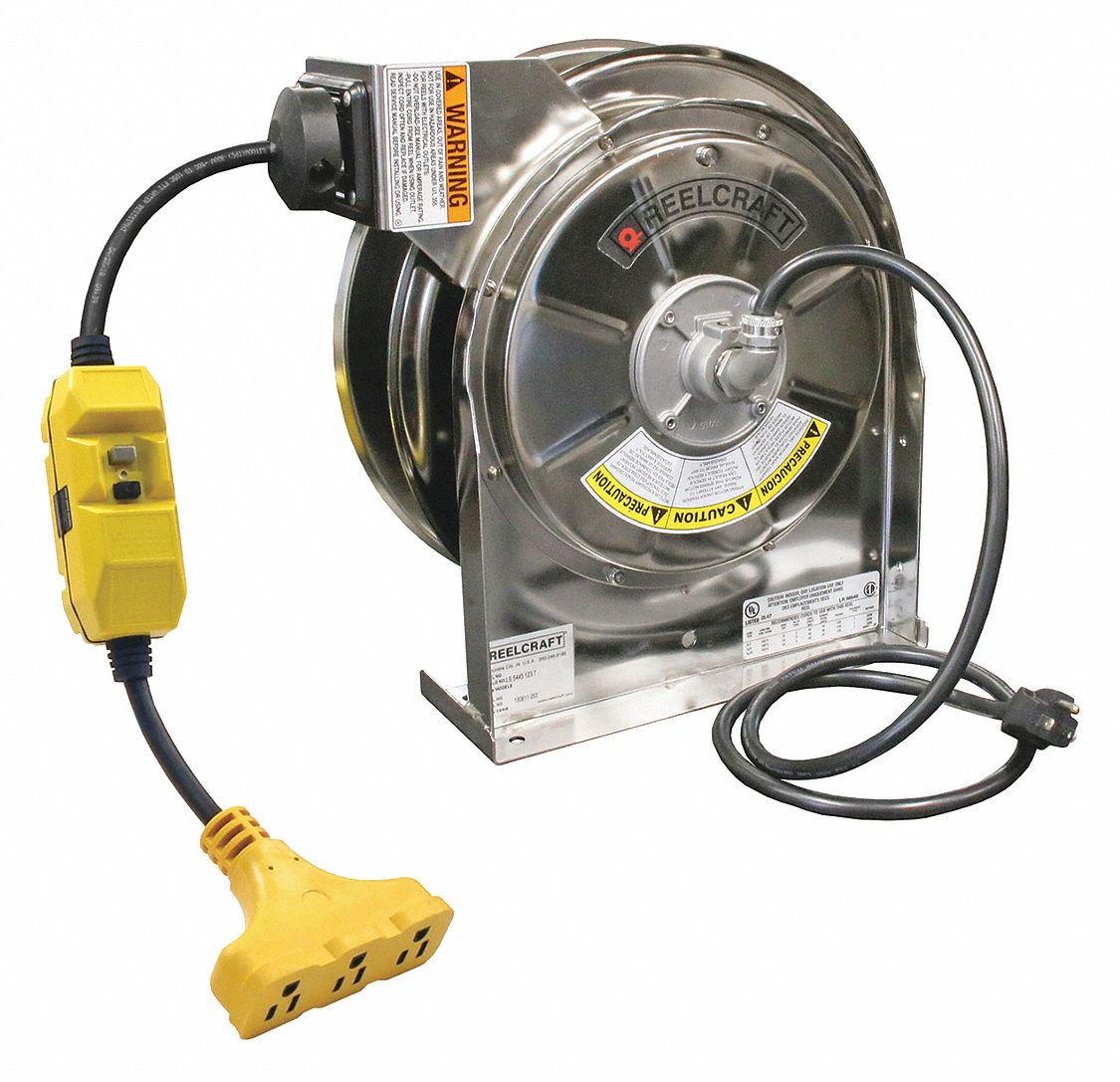 REELCRAFT Extension Cord Reel, Spring Retraction, 125V AC, Triple Tap