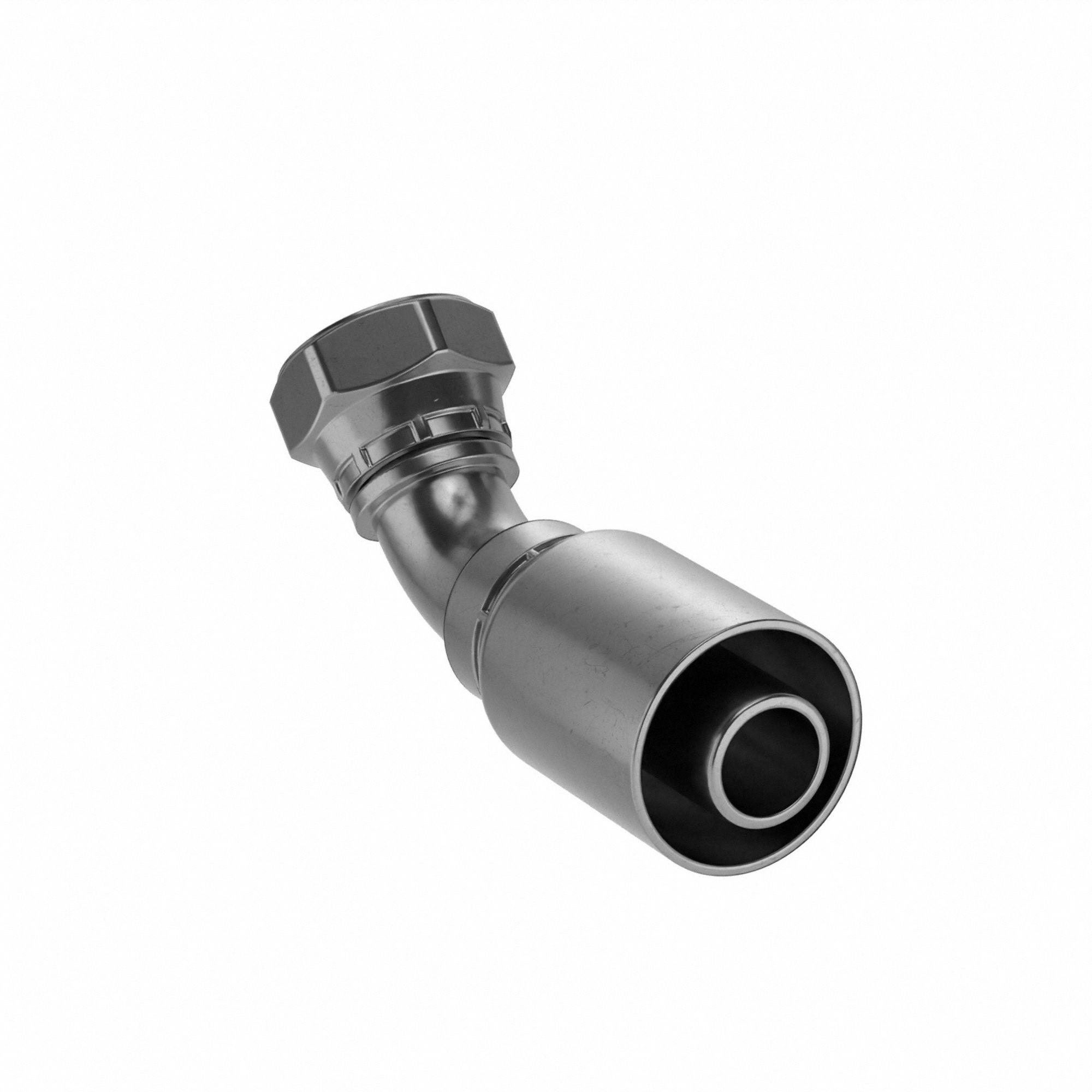 HYDRAULIC HOSE FITTING, BARB, SER 77U, CRIMP, 45 °  SHORT DROP ELBOW, FEMALE, SWIVEL, 1 IN, ST