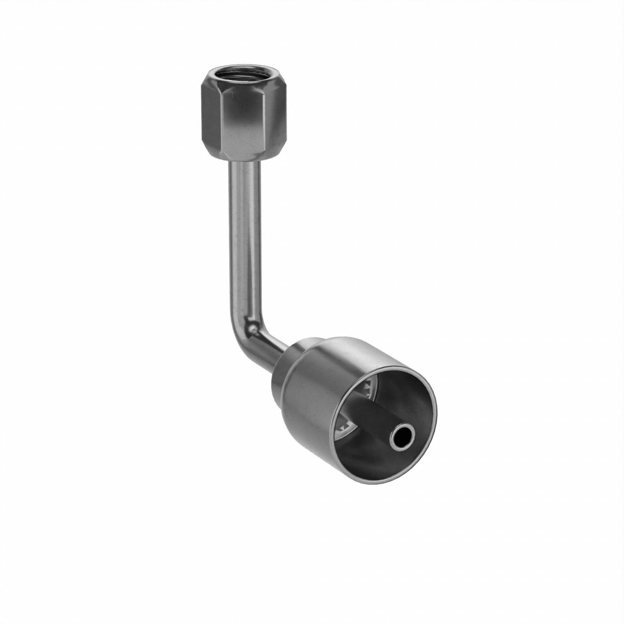 HYDRAULIC HOSE FITTING, BARB, CRIMP, 90 °  LONG DROP, FEMALE, JIC, SWIVEL, 1 1/4 IN X 7/16
