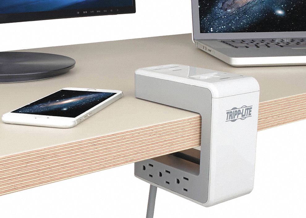 Surge Protector Outlet Strip: 6 Outlets, NEMA 5-15R, NEMA 5-15P, 8 ft Cord Lg, Gray