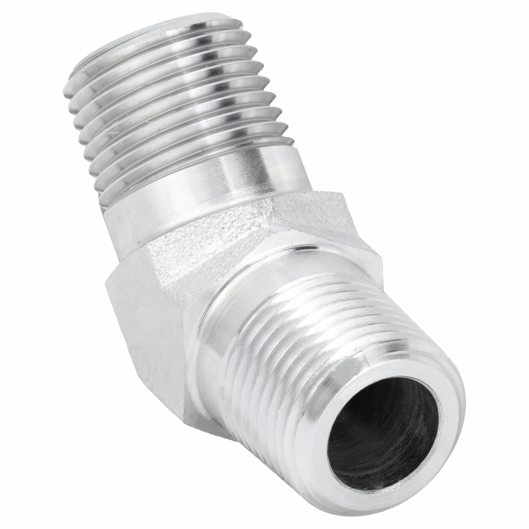 Hydraulic Hose Adapter: 1 in x 1 in Fitting Size, Male x Male, NPTF x NPTF, Rigid, 45° Elbow