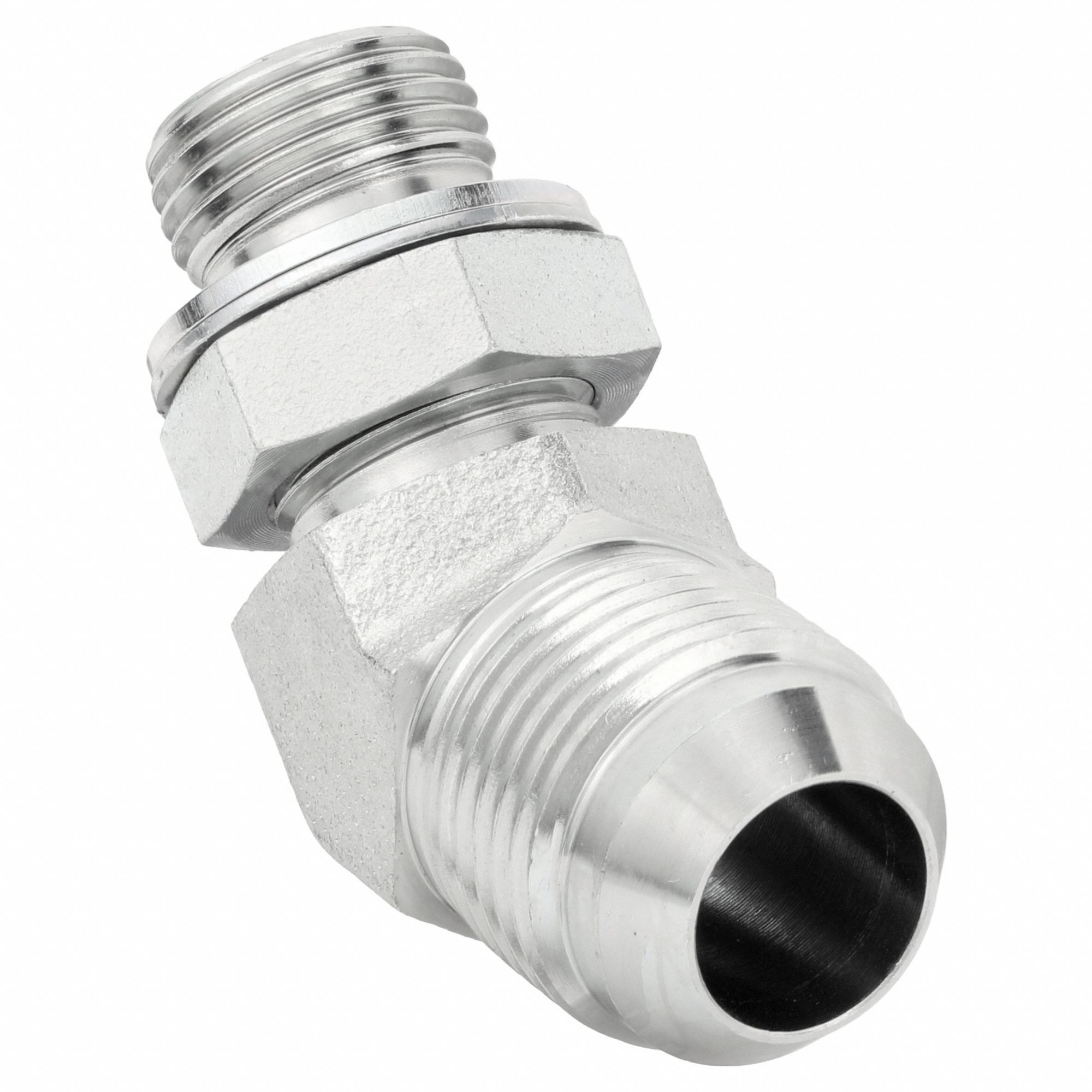 Hydraulic Hose Adapter: 1/2 in x 3/8 in Fitting Size, Male x Male, JIC x BSPP, Rigid, 45° Elbow