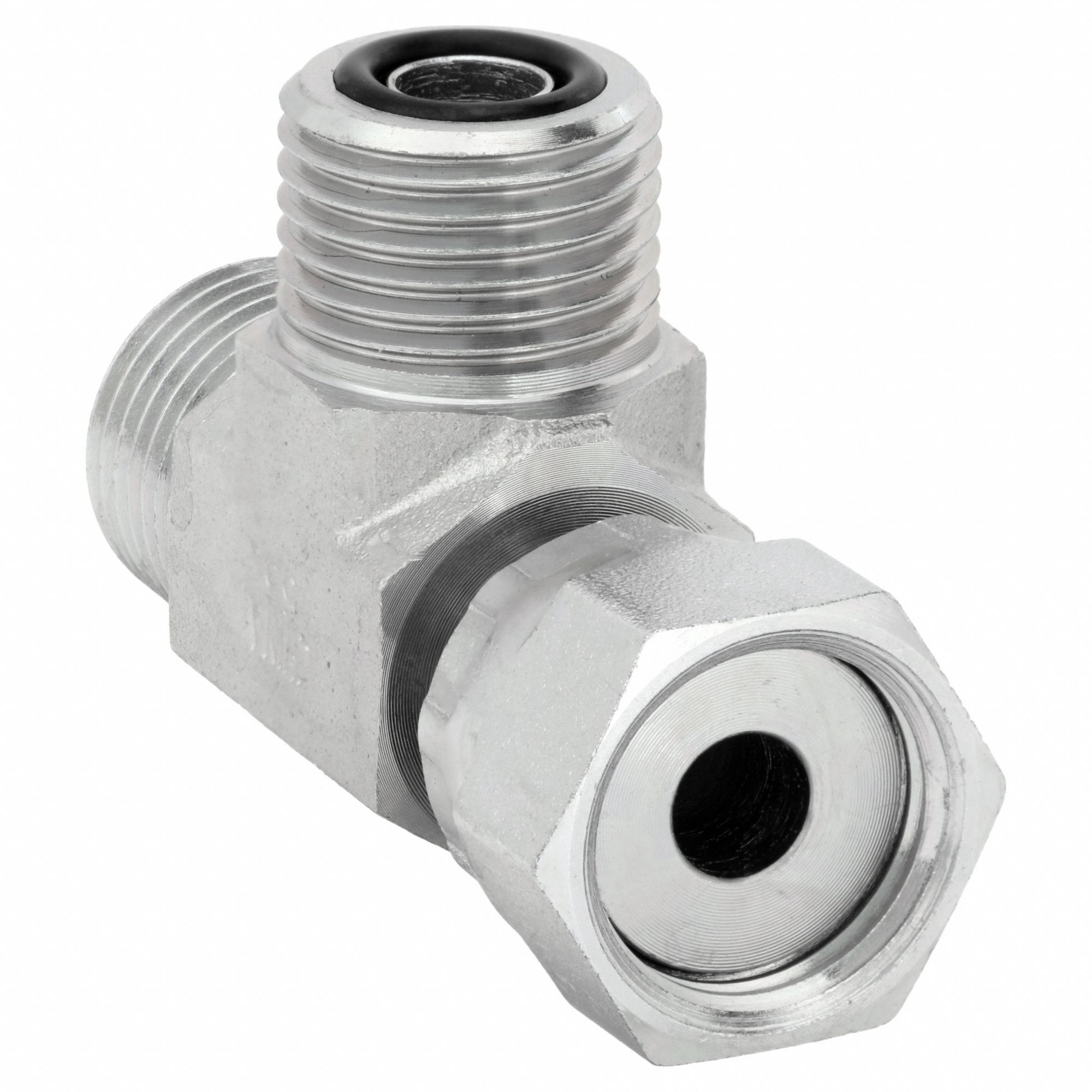 Hydraulic Hose Adapter: 1 1/4 in x 1 1/4 in x 1 1/4 in Fitting Size, Female x Female x Male, Swivel