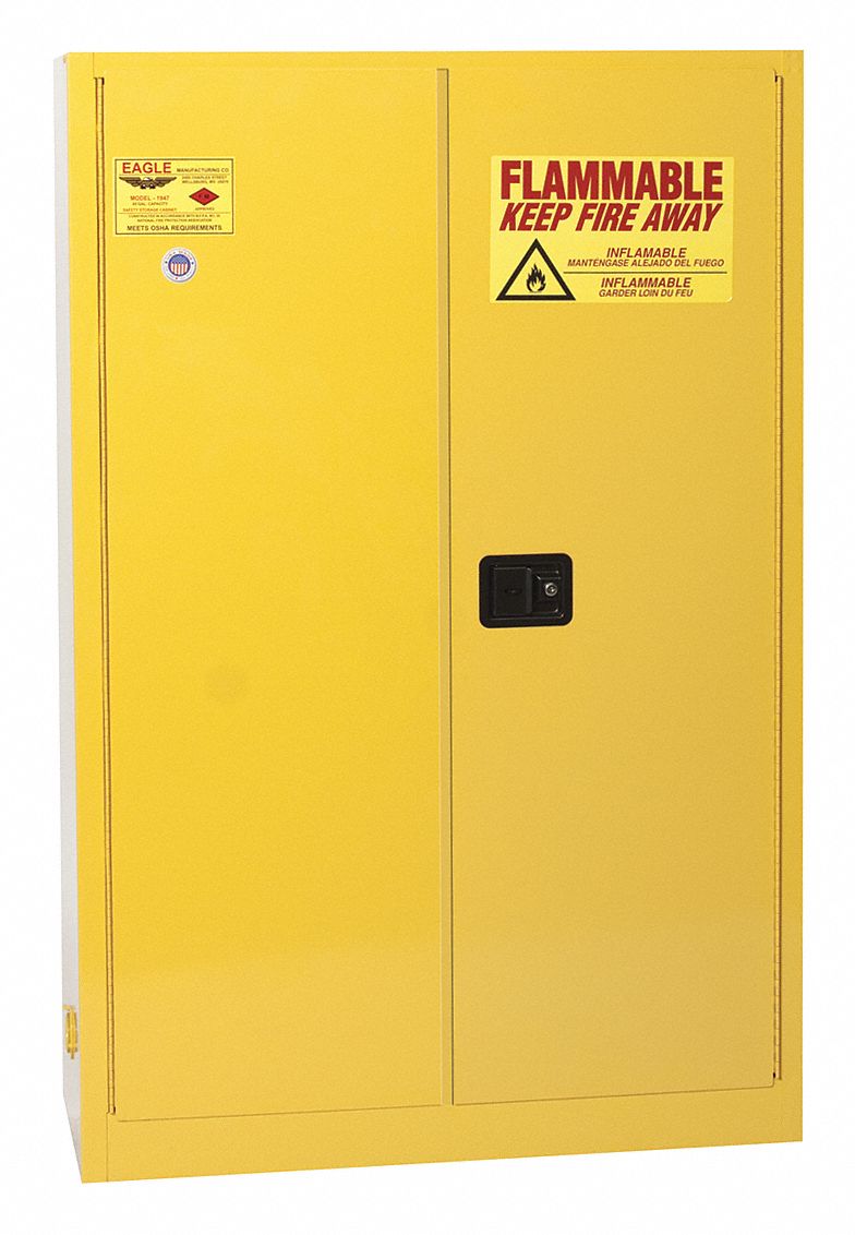 FLAMMABLES SAFETY CABINET, STANDARD, 45 GALLON, 43 X 18 X 65 IN, YELLOW, MANUAL CLOSE