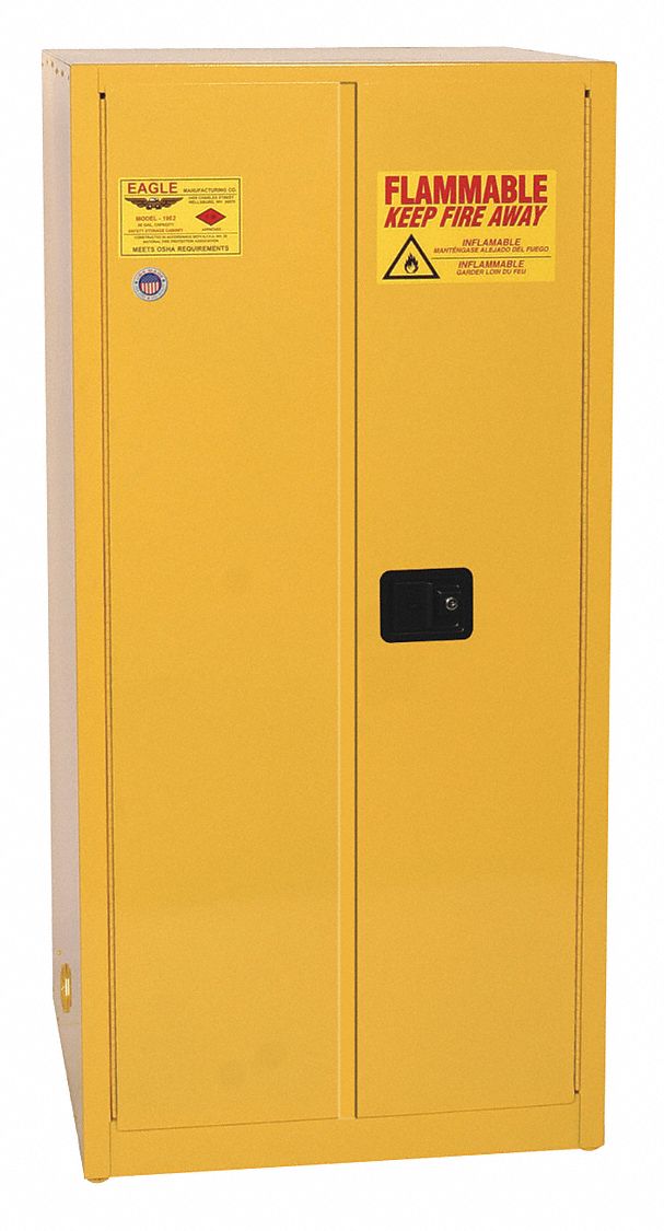 Hazardous Material Storage Cabinet: Std, 60 gal, 34 in x 34 in x 65 in, Yellow, Self-Closing