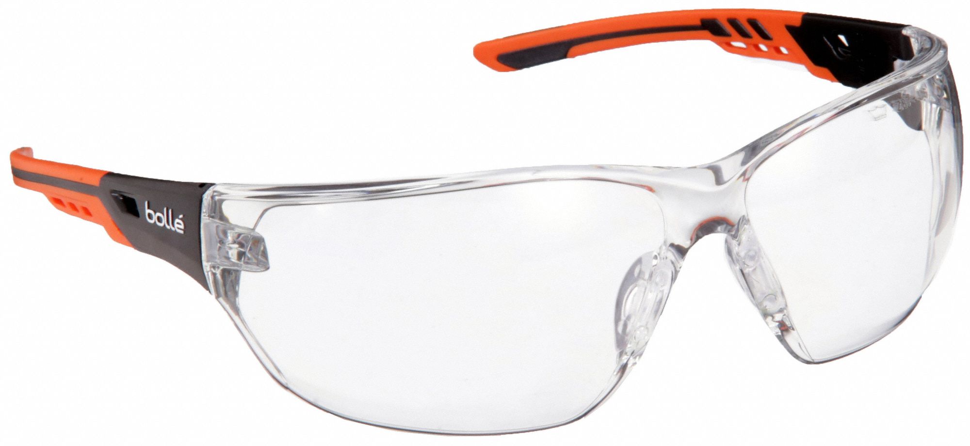 Safety Glasses: Clear Lens, Frameless, Platinum, Dielectric, Gray/Orange Frame