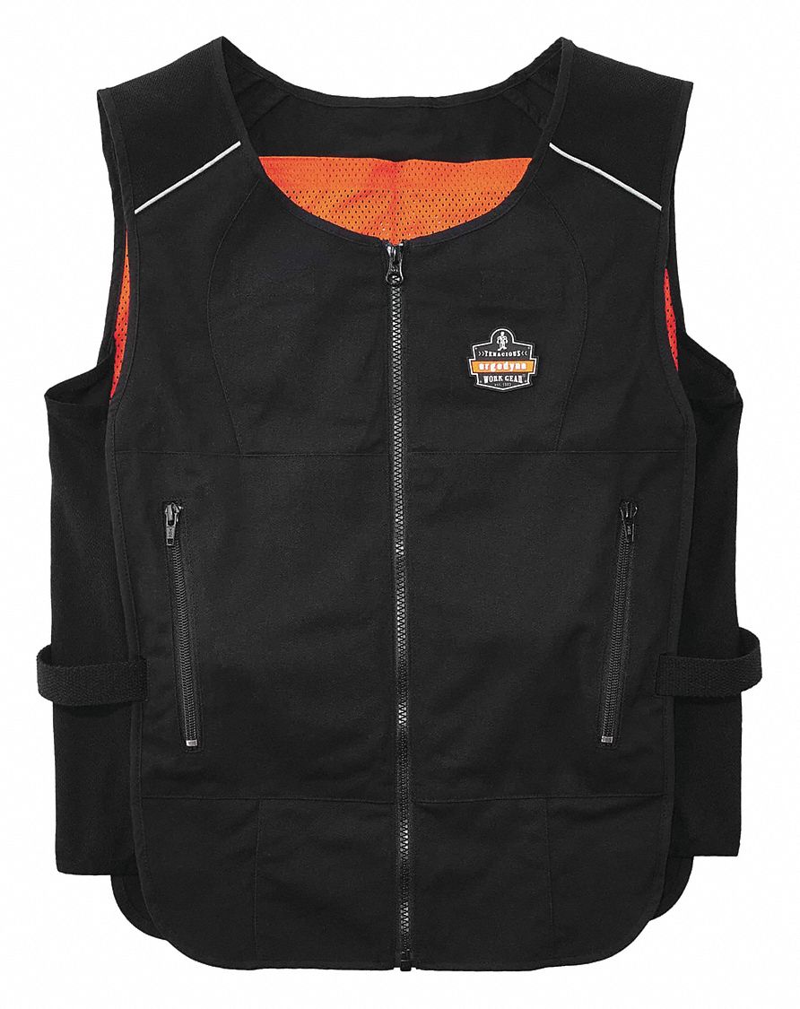 Cooling Vest: Cold Pack Inserts, L/XL, Black, Cotton/Polyester, Up to 2 hr, Zipper, 2 hours