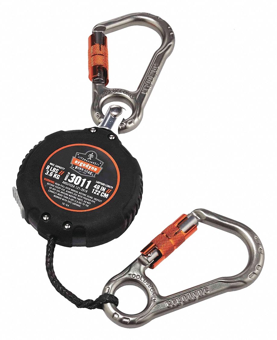 TOOL LANYARD, RETRACTABLE, 8 LB CAPACITY, BLACK, 10 TO 48 IN, PLASTIC