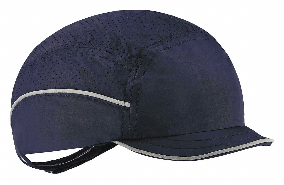 Bump Cap: Dark Blue, Hook-and-Loop, Head Protection Venting, Polyethylene, Solid, 3 cm Brim Lg