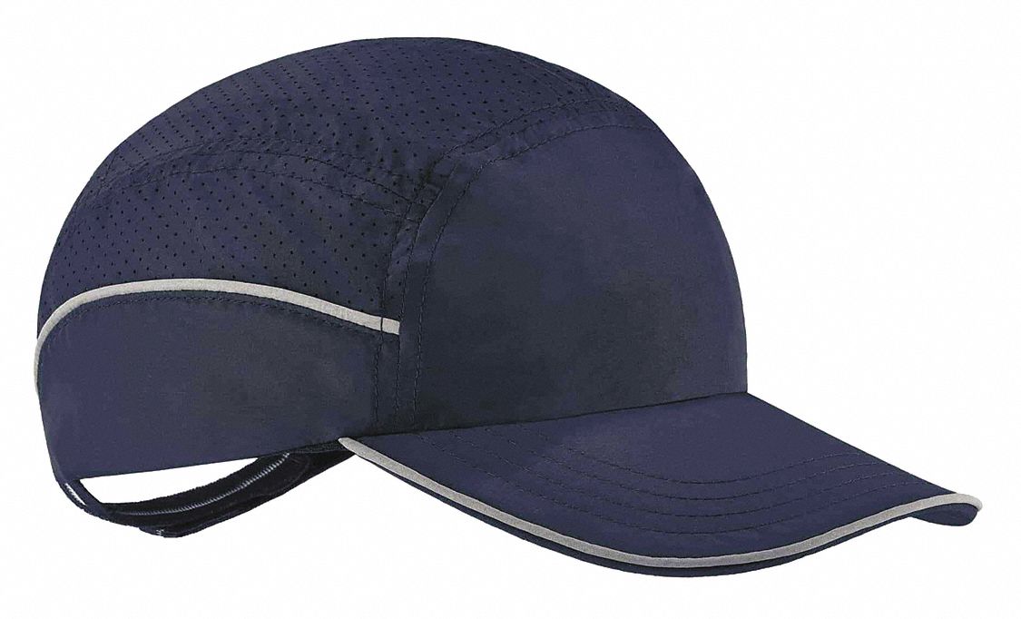 Bump Cap: Dark Blue, Hook-and-Loop, Head Protection Venting, Polyethylene, Solid, 8 cm Brim Lg
