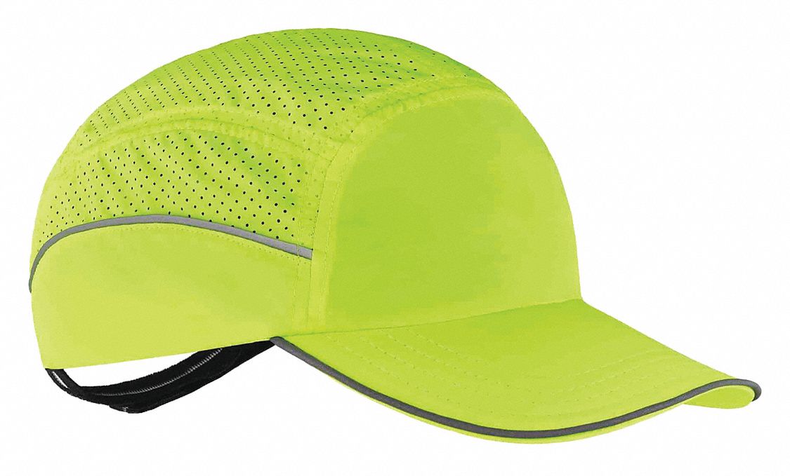 Bump Cap: Yellow, Hook-and-Loop, Head Protection Venting, Polyethylene, Solid, 8 cm Brim Lg