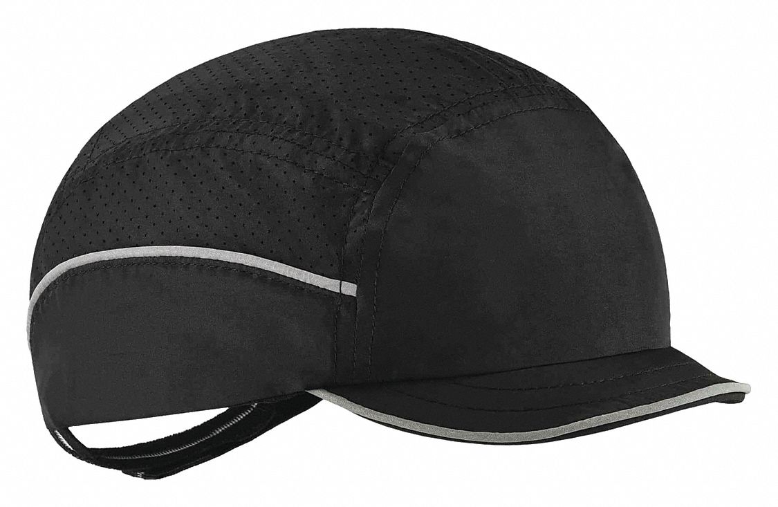 Bump Cap: Black, Hook-and-Loop, Head Protection Venting, Polyethylene, Solid, 3 cm Brim Lg