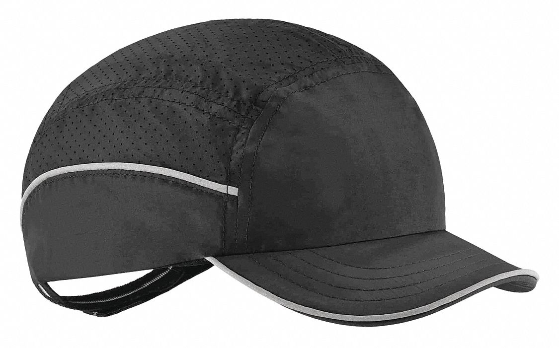 Bump Cap: Black, Hook-and-Loop, Head Protection Venting, Polyethylene, Solid, 5 cm Brim Lg