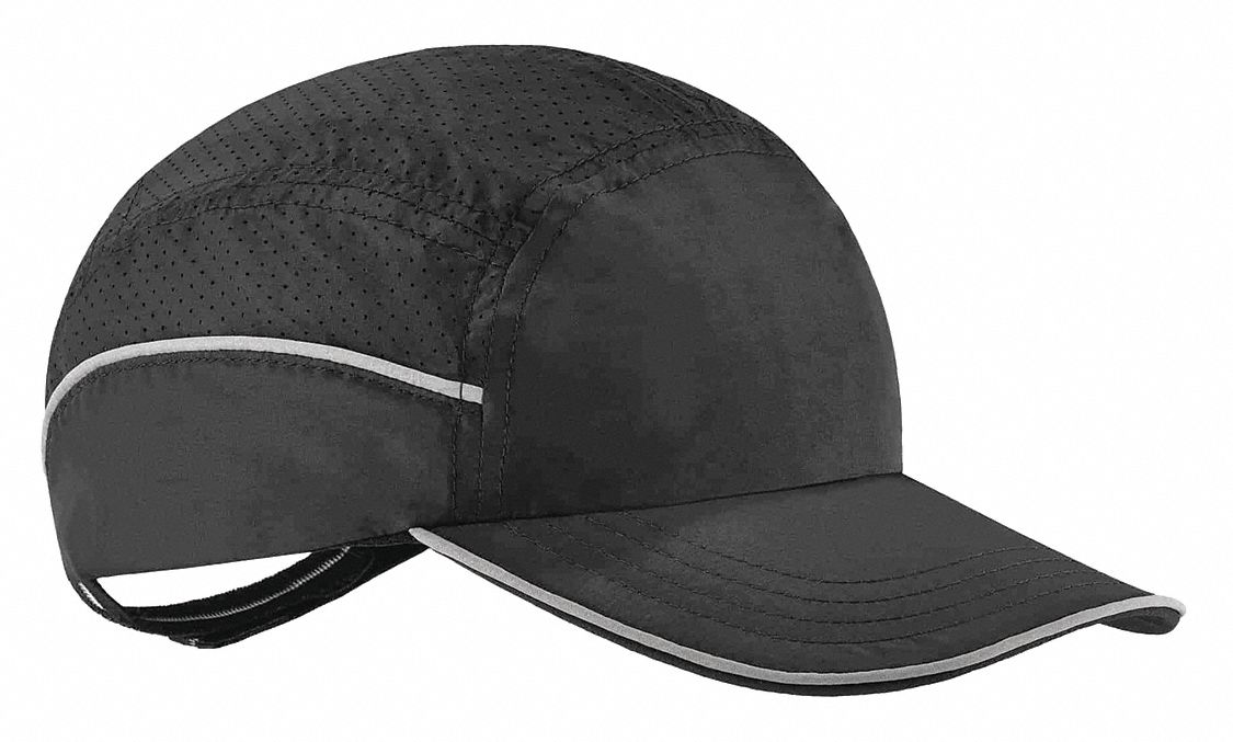 Bump Cap: Black, Hook-and-Loop, Head Protection Venting, Polyethylene, Solid, 8 cm Brim Lg