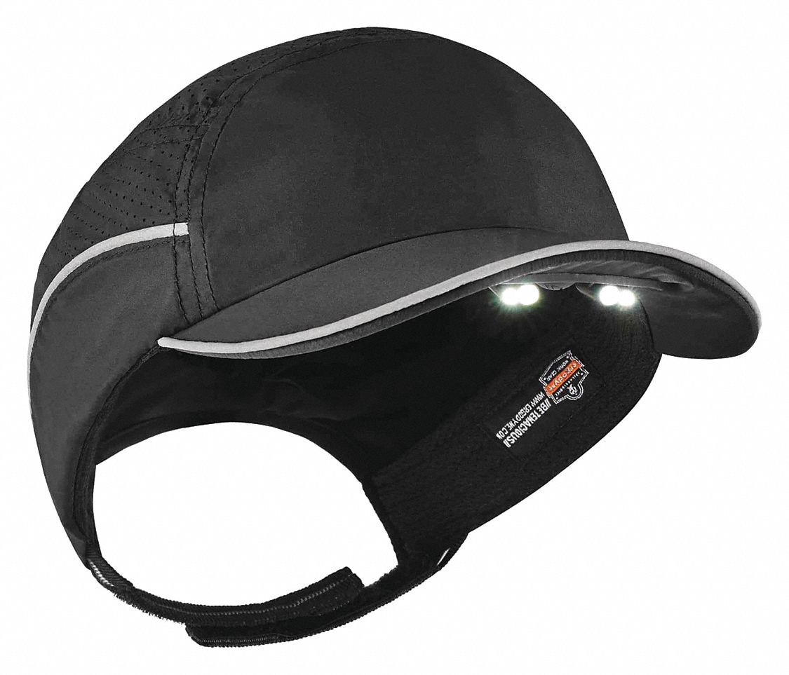 Bump Cap: Black, Hook-and-Loop, Head Protection Venting, Polyethylene, Includes LED Lights, Solid