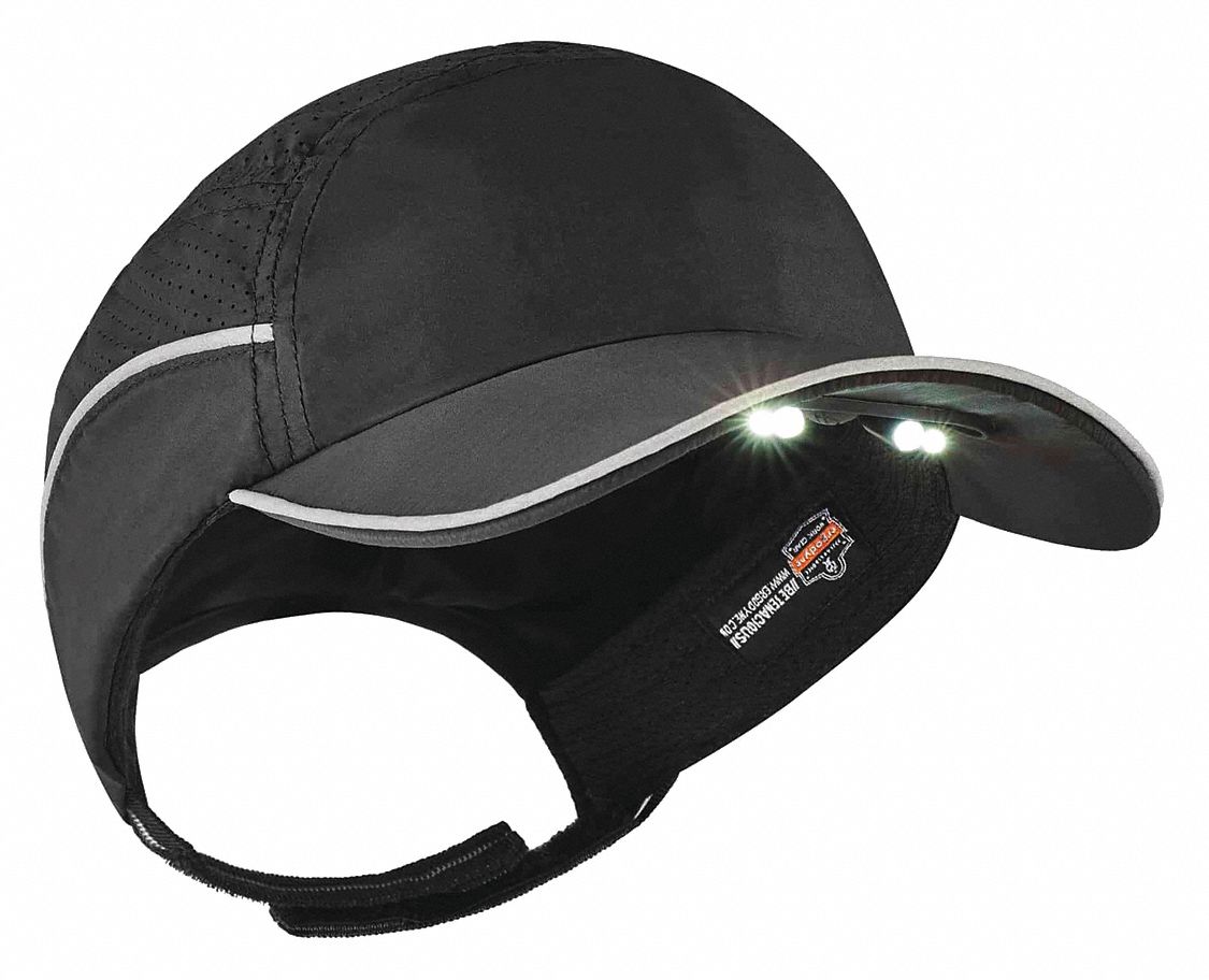 Bump Cap: Black, Hook-and-Loop, Head Protection Venting, Polyethylene, Includes LED Lights, Solid