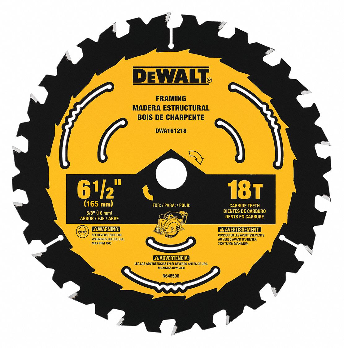 CIRCULAR SAW BLADE, CARBIDE, 6½ IN, 18 TEETH, ⅝ IN ROUND ARBOUR, 7000 RPM, ATB+R