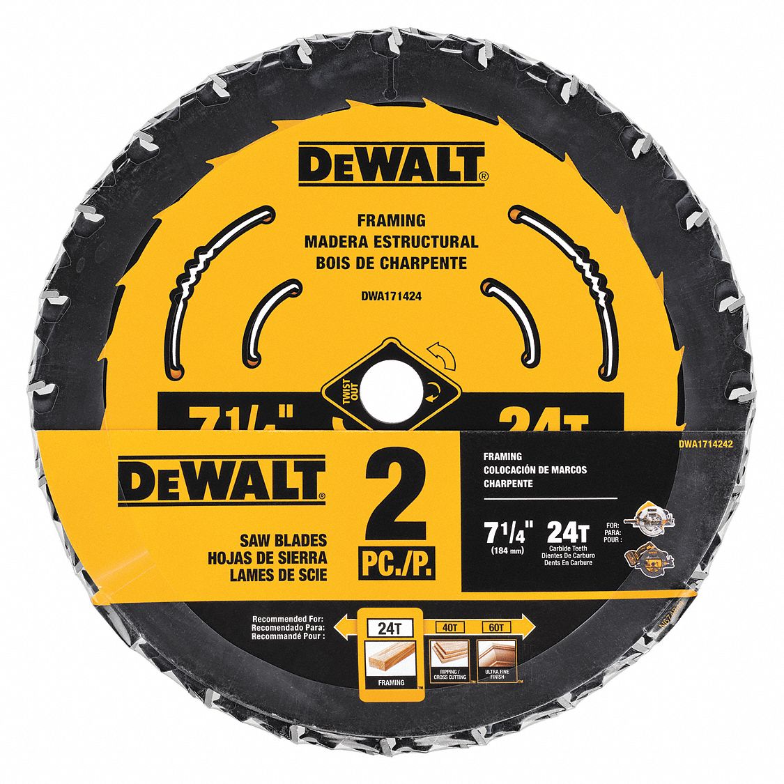 DEWALT, 7 1/4 in Blade Dia., 24 Teeth, Circular Saw Blade 55EF22DWA1714242 Grainger