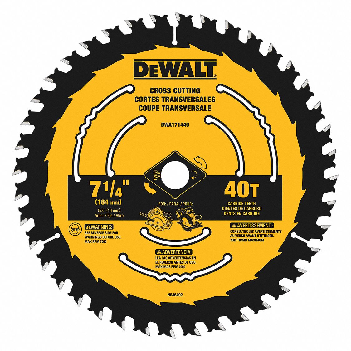 DEWALT Circular Saw Blade, Wood Materials Cut, 7 1/4 in Blade Dia., 5/8