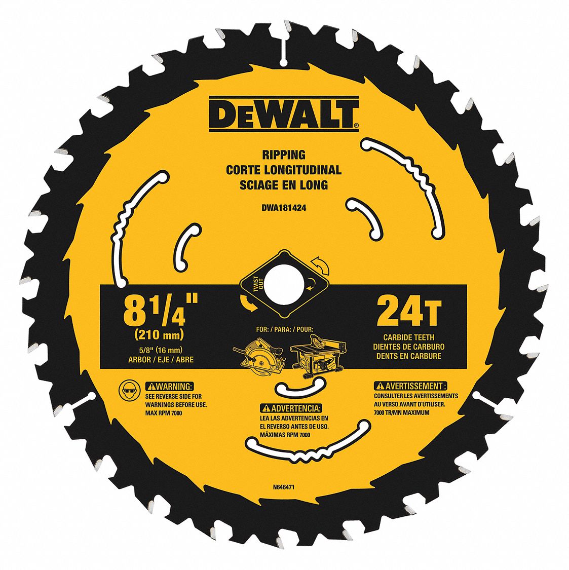 DEWALT Circular Saw Blade, Wood Materials Cut, 8 1/4 in Blade Dia., 5/8